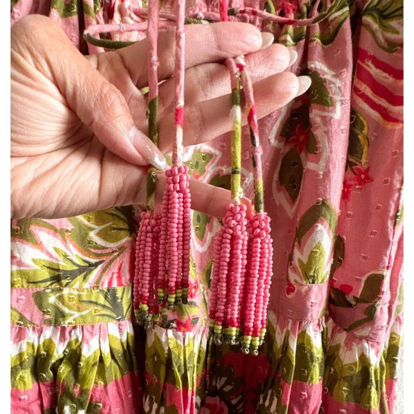 Farm Rio New Aura Floral Pink Tiered Mini Peasant Dress Medium Long Sleeve - Picture 7 of 15